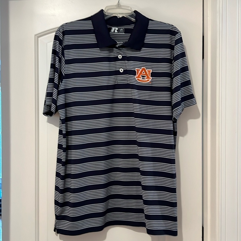 Auburn Tigers War Eagles Blue Striped Polo Golf Russell Size L